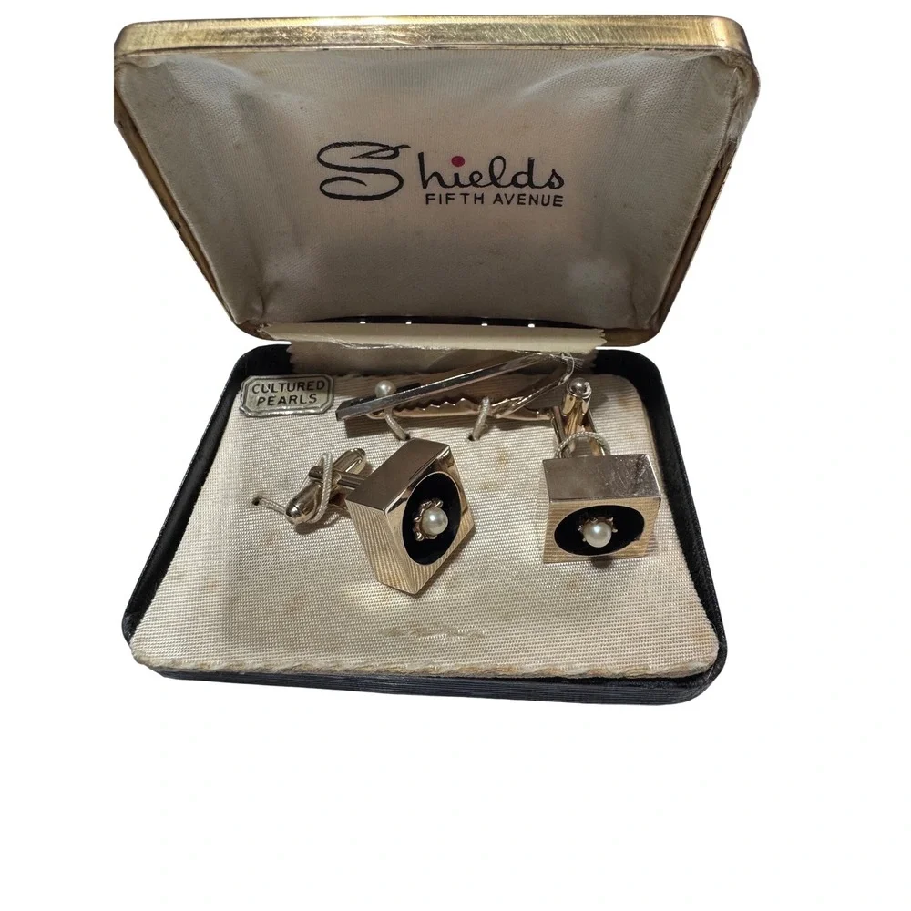 Vintage Shields Fifth Avenue Cufflinks Tie Bar Set‎ Cultured Pearls Rare
